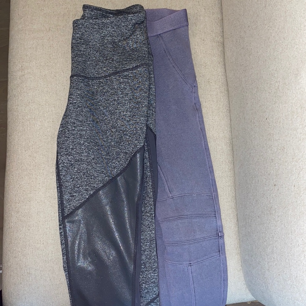 2 pairs of leggings: David Lerner (purple/grey), and Zella (grey) both xs!!